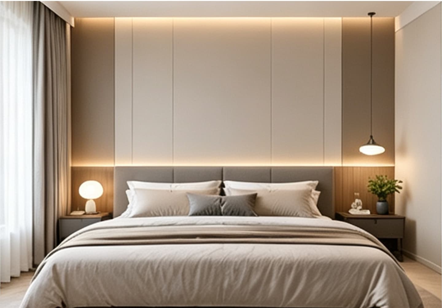 Necowood WPC wall panel bedroom headboard wall in light oak woodgrain finish