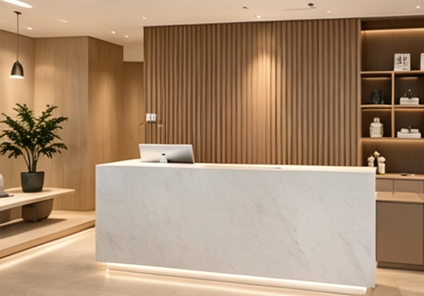 Necowood WPC wall panel retail reception and showroom in custom Pantone brand color